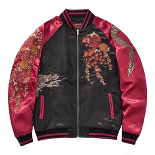 国潮横须贺重工三龙刺绣男士春秋棒球服夹克中国风绣花外套百搭