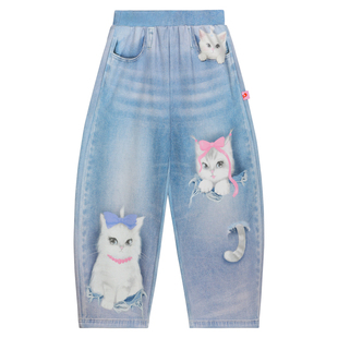 pocoblush【口袋里的猫】手绘牛仔针织运动裤春季新款高弹休闲裤
