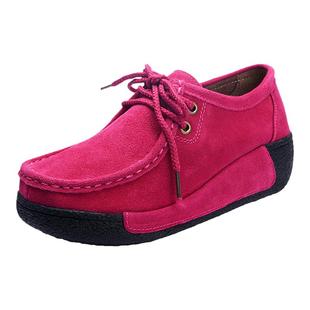 春季新款韩版真皮坡跟厚底单鞋女士中跟松糕休闲鞋平底妈妈豆豆鞋