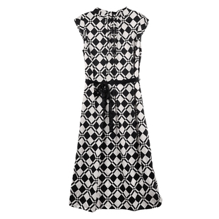 NEELLY纳俪商场同款棋盘格撞色连衣裙女无袖立领收腰桑蚕丝中长裙