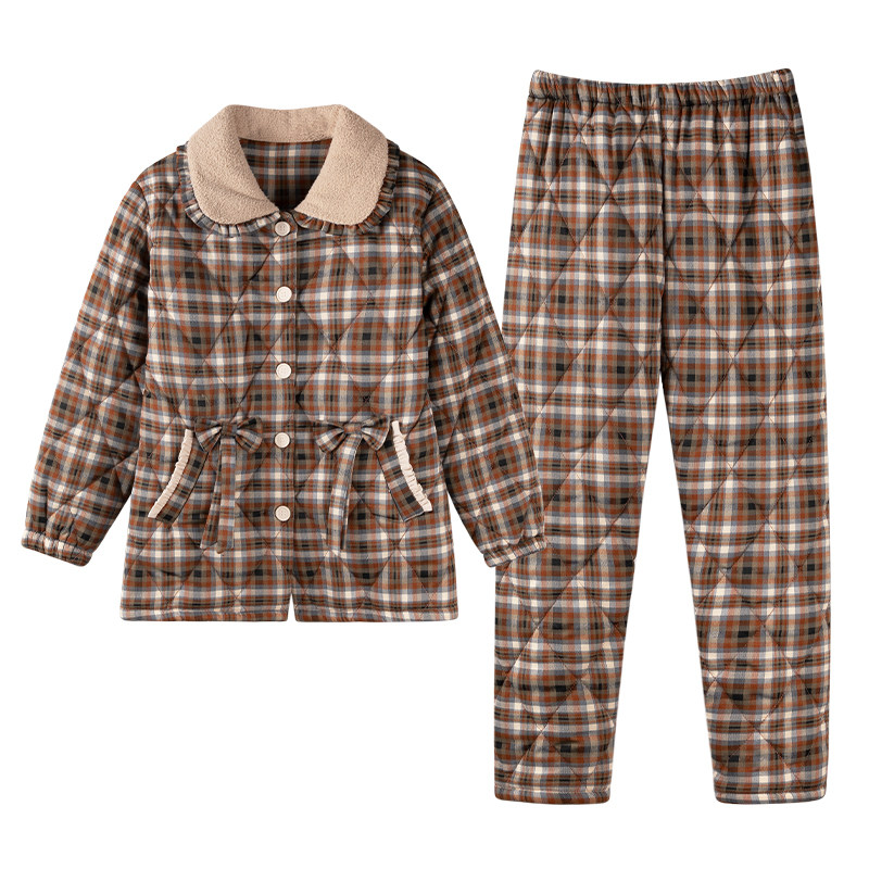 芬腾睡衣女冬季三层加厚加绒梭织纯棉夹棉珊瑚绒冬款家居服