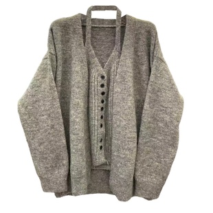 2026春季新款时尚百搭纯欲挂脖针织背心宽松V领长袖毛衣开衫套装