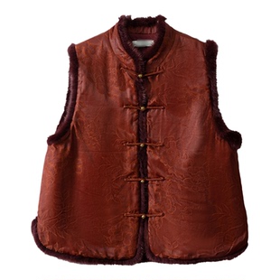 一丝牵 50姆米香云纱夹棉马甲水貂毛棉服冬季国风桑蚕丝丝绵马褂