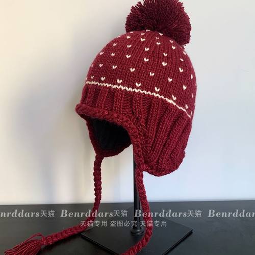 费尔岛针织帽女秋冬2025新款显脸小保暖加绒毛球毛线帽护耳雷锋帽