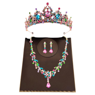 儿童彩色皇冠女童王冠彩虹发夹头饰项链耳环耳饰公主女孩宝石发卡