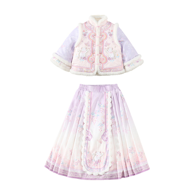 古风汉服女童冬款加厚毛领刺绣连衣裙套装披风斗篷紫色超仙拜年服
