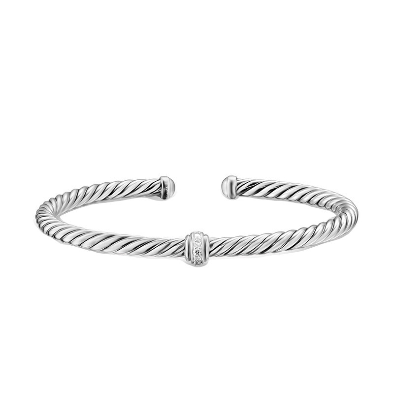 David Yurman大卫雅曼中间满钻钢丝绳开口手镯麻花DY中间钻环4MM