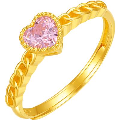 周六福5G足金戒指女款黄金镶嵌粉系甜心形女戒锆石圆形爪送礼物