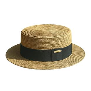 渡假风草帽女夏海边遮阳防紫外线平沿男女百搭复古防晒平顶太阳帽