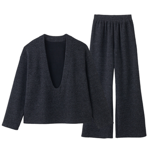 ZzZHANG｜腔调MAX_气质U型领造型感秋冬款加绒长袖长裤围巾套装