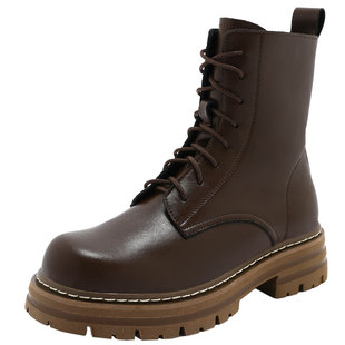 PM厚底棕色马丁靴女士2026年春季新款英伦风短靴真皮增高爆款靴子