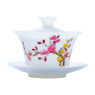 钰铨龙门 超薄胎梅枝点春马蹄盖碗 冰种玉瓷素烧纯手工手绘泡茶碗