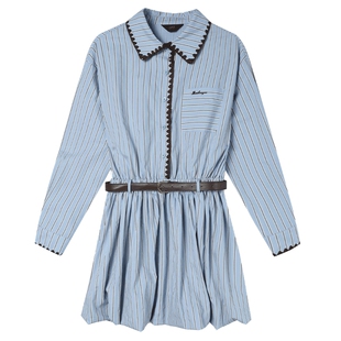 白鹿语法式学院风条纹连衣裙26春夏新款减龄收腰显瘦小个子衬衫裙