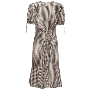 IIIVIVINIKO2025夏新款复古抓褶不对称格纹连衣裙女R520611145D