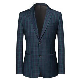 本派西装外套男墨绿色苏格兰格纹男士休闲西服男高定羊毛格子西装