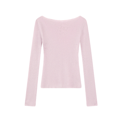 愉悦白色斜肩简约长袖打底针织衫