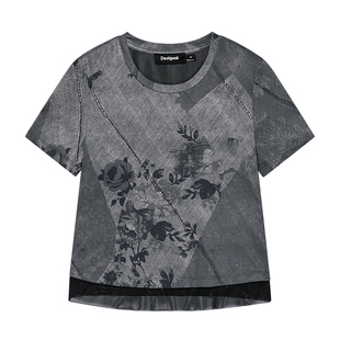 Desigual玫瑰仿牛仔印花双层拼接修身短袖女士T恤