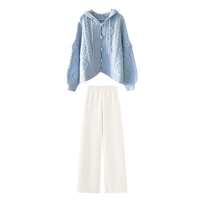 连帽开衫毛衣阔腿裤两件套装女