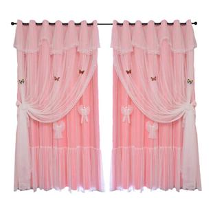 网红双层布纱一体镂空星星公主风少女儿童卧室客厅飘窗全遮光窗帘