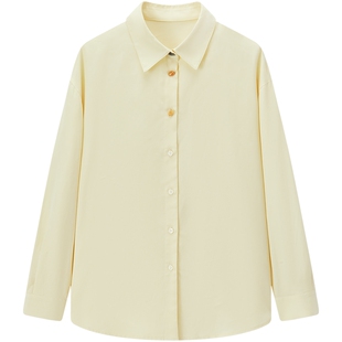 爱居兔莱赛尔亚麻黄色衬衫女春秋新款宽松舒适长袖休闲上衣