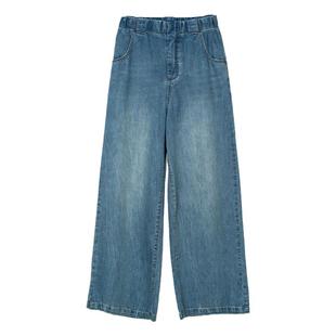 Dotdrobe多着 扎花水洗工艺 松紧腰休闲军装风阔腿牛仔裤女牛仔蓝