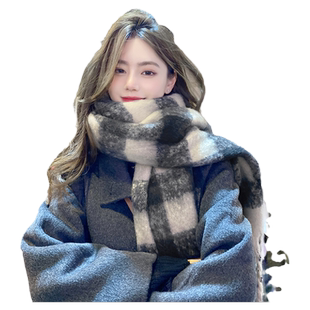 OVANCY高级感围巾女冬季韩国复古格子披肩加厚保暖马海毛外搭围脖