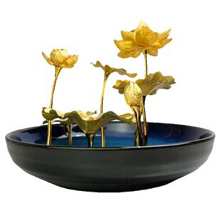 潮宏基蓝莲盆栽金箔摆件莲花莲叶高级感商务送礼纪念礼物礼品LX6