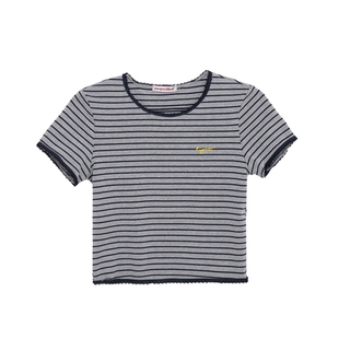 荒荒家 花边灰蓝条纹刺绣短袖2025夏季新款圆领撞色弹力针织T恤女