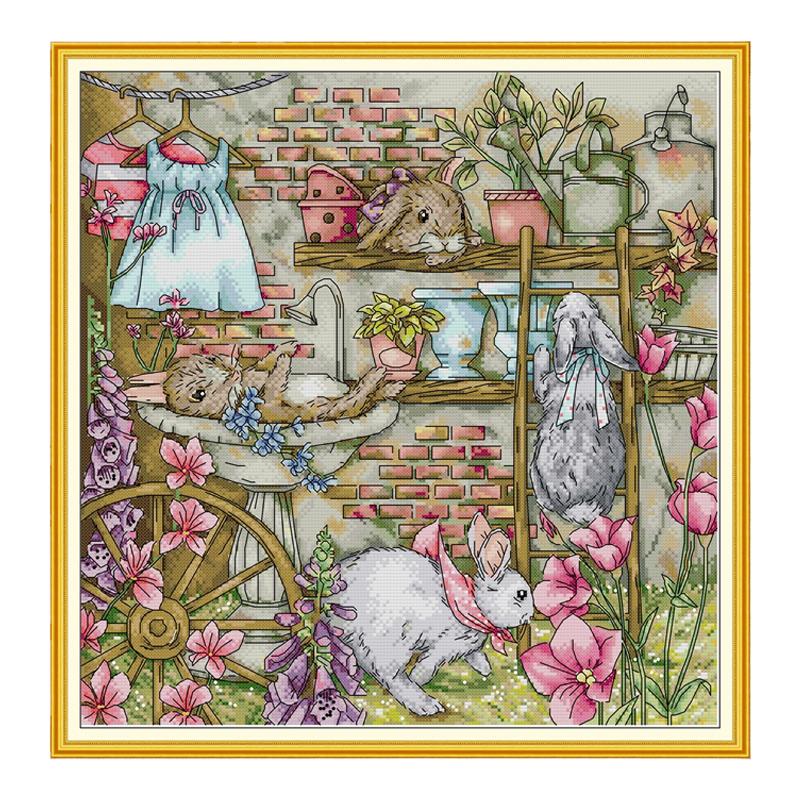 杂志款四只兔子的花园十字绣可爱