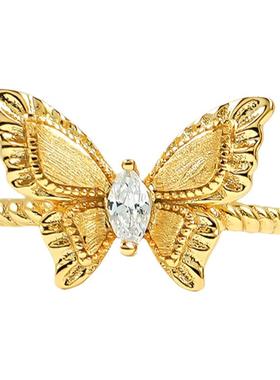 中古风金属拉丝蝴蝶925银戒指