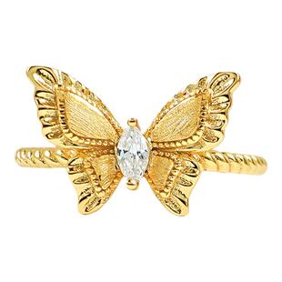 拉丝梦幻蝴蝶戒指925银镀金中古风vintage古法轻奢小众高级感马眼