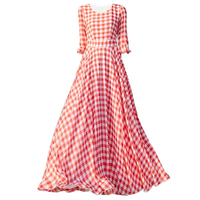 长裙雪纺格子印花长款修身