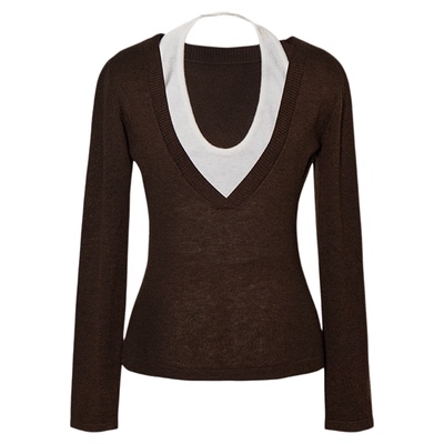 深V领挂脖假两件针织衫