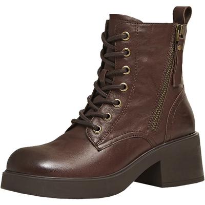 天美意厚底增高复古英伦马丁靴女加绒短靴皮靴2025冬新款KDX26DD5