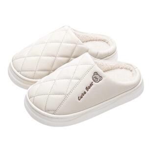 防水棉拖鞋女款2026新款冬季室内家居保暖加绒PU皮面棉拖男秋冬天