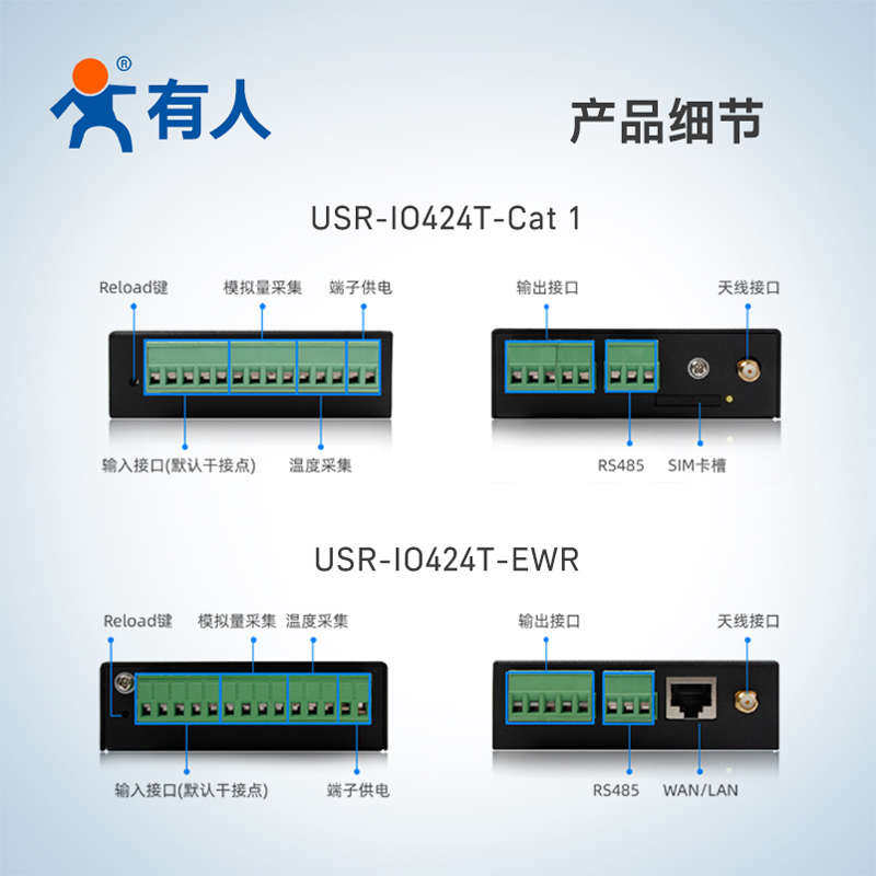 有人4路网络继电器IO控制485转cat1/以太网模块开关模拟量IO424T