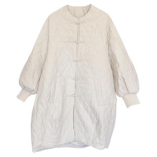 羽绒服女款2024新款薄款中长款宽松慵懒风盘扣菱格圆领白鸭绒外套