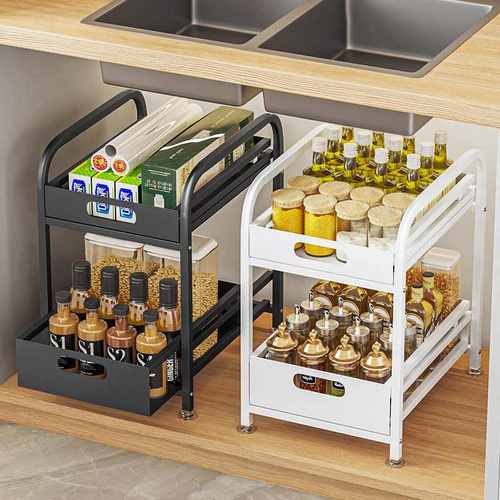 新款多功能双层厨房置物架桌面调料食推拉收纳架批发抽屉放置材