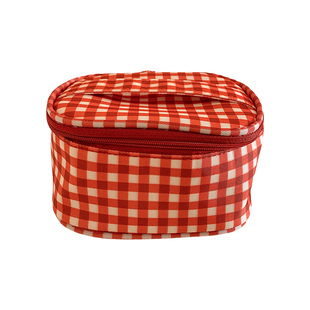 复古红色格纹化妆包女2026新款便携大容量旅行护肤品收纳包洗漱包