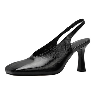 奥莱Nine West/玖熙简约后空凉鞋女方头粗跟漆皮通勤高跟鞋