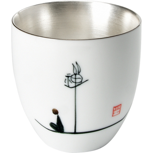 君器瓷包银纯银鎏银主人杯釉下彩手绘陶瓷茶杯个人专用茶具品茗杯