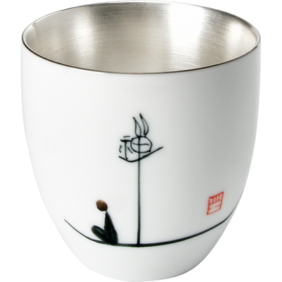 君器手绘鎏银白瓷高端主人茶杯