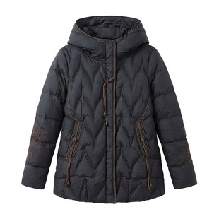 新中式国风女装2025新款鹅绒服中年妈妈五十多岁连帽黑色羽绒服