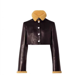 金智妮同款复古保暖棕色毛领袖口撞色短款高腰线百搭秋冬款皮衣