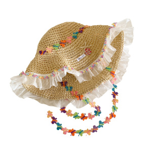 彩色蝴蝶蕾丝边草帽女夏季大帽檐遮阳防晒帽海边沙滩度假太阳帽子