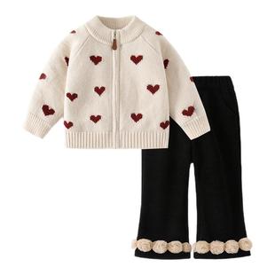 女童套装2025新款超好看宝宝毛衣洋气时髦冬装小公主一体绒喇叭裤