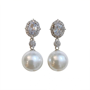 正圆强光澳白珍珠澳母贝耳环蕾丝边锆钻耳钉法式高级感年会耳饰女