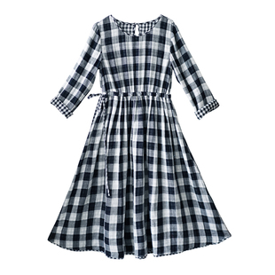 忆旧【如愿】双层复合棉格子连衣裙2025春季宽松腰套头大摆型长裙