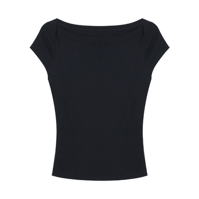 pusumede 衣橱新宠 一字领短袖t恤女设计感船领修身气质针织上衣