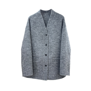 中杂灰 V领双面绵羊毛大衣女短款秋冬新品宽松时尚开衫款毛呢外套